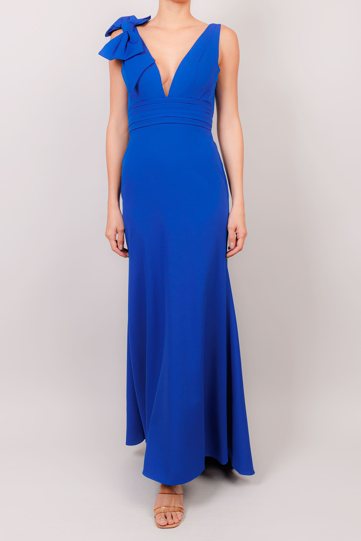 Vestido v con mo√±o en tirante liso azul rey – Lila Alta Costura