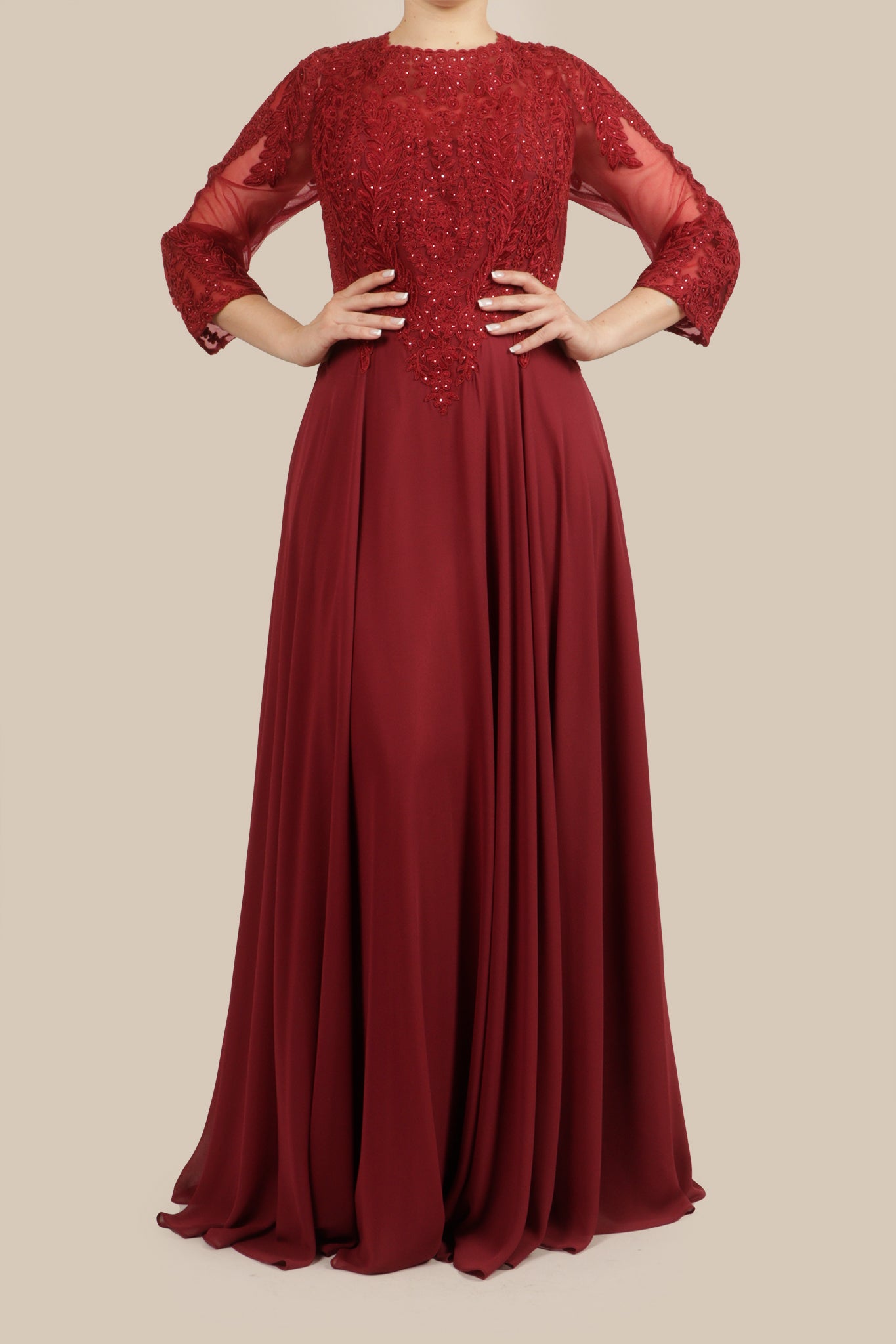 Vestido bordado manga larga chifon vino – Lila Alta Costura