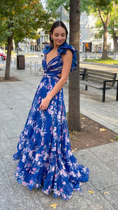 Vestido cut out ruffle print flores corte A azul