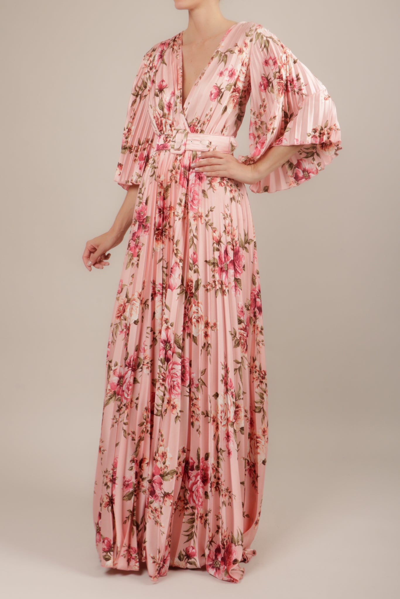 Vestido v tableado m3/4 print rosa