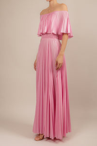 Vestido off shoulder plisado rosa