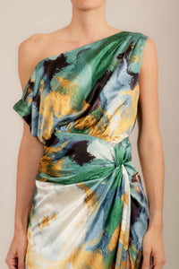 Vestido print largo abertura en pierna teal