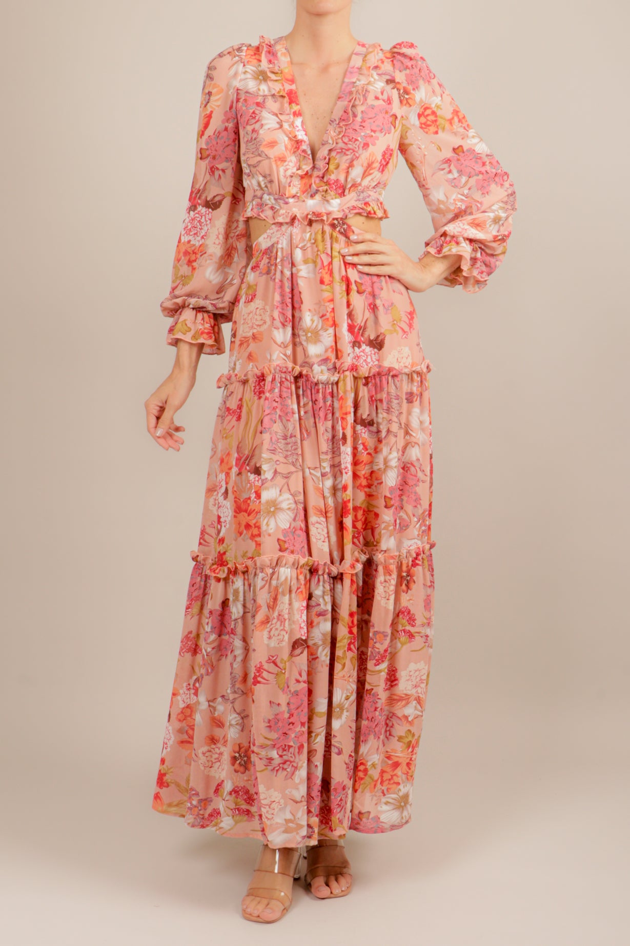 Vestido cut out manga larga print durazno