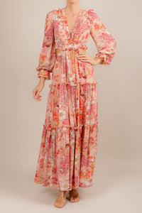 Vestido cut out manga larga print durazno