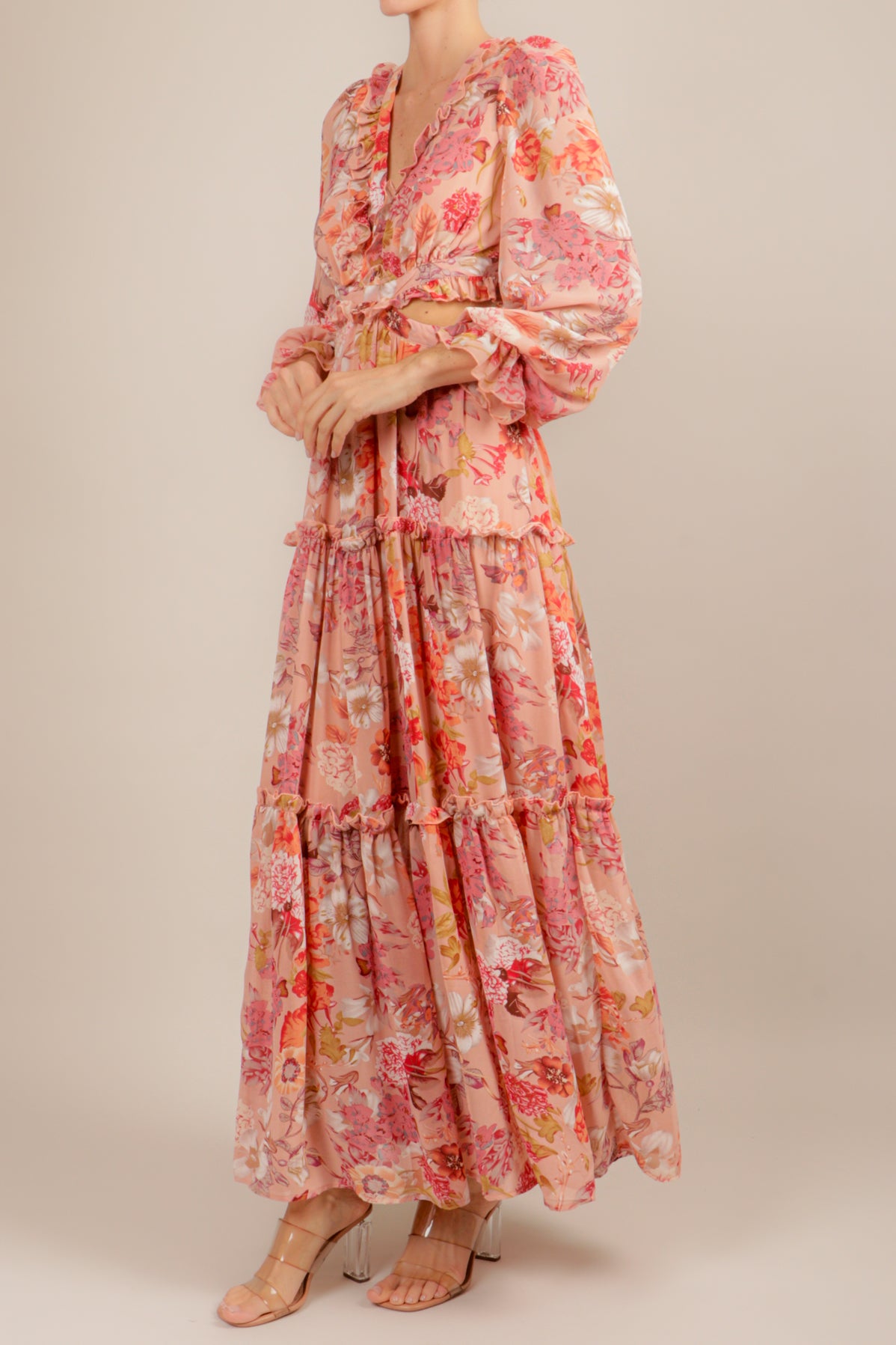 Vestido cut out manga larga print durazno