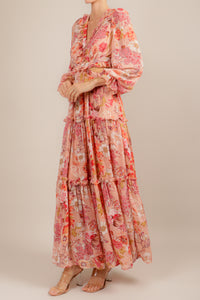 Vestido cut out manga larga print durazno