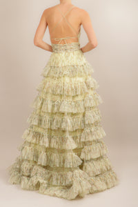Vestido v olanes escote cruzado print amarillo