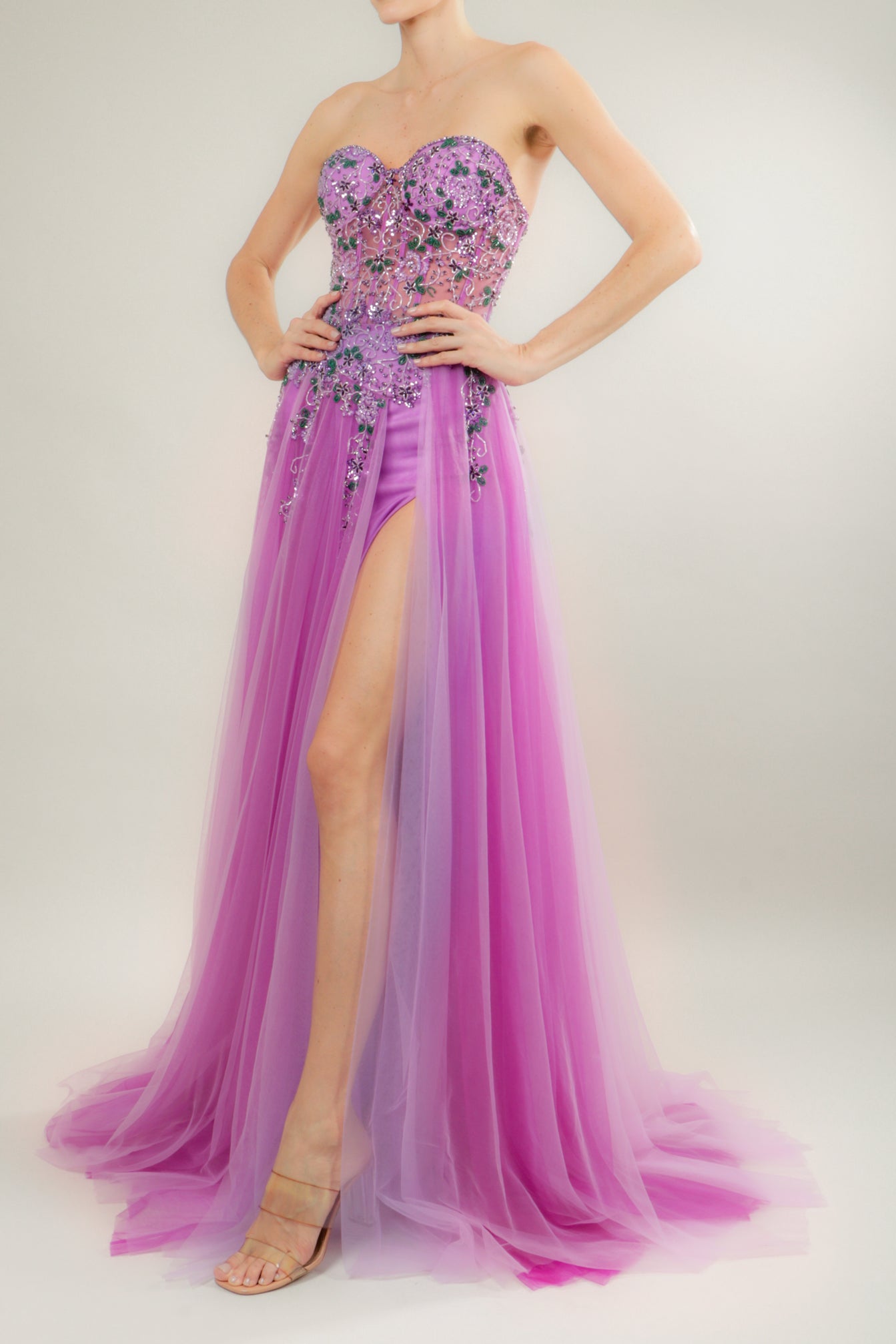 Vestido bordado tipo bustier lila-verde