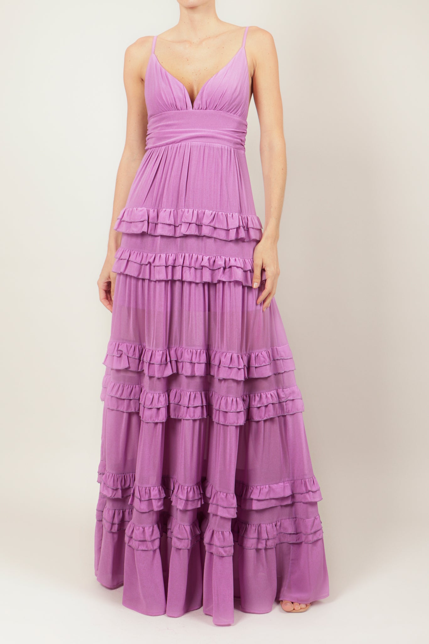 Vestido v largo olanes lila
