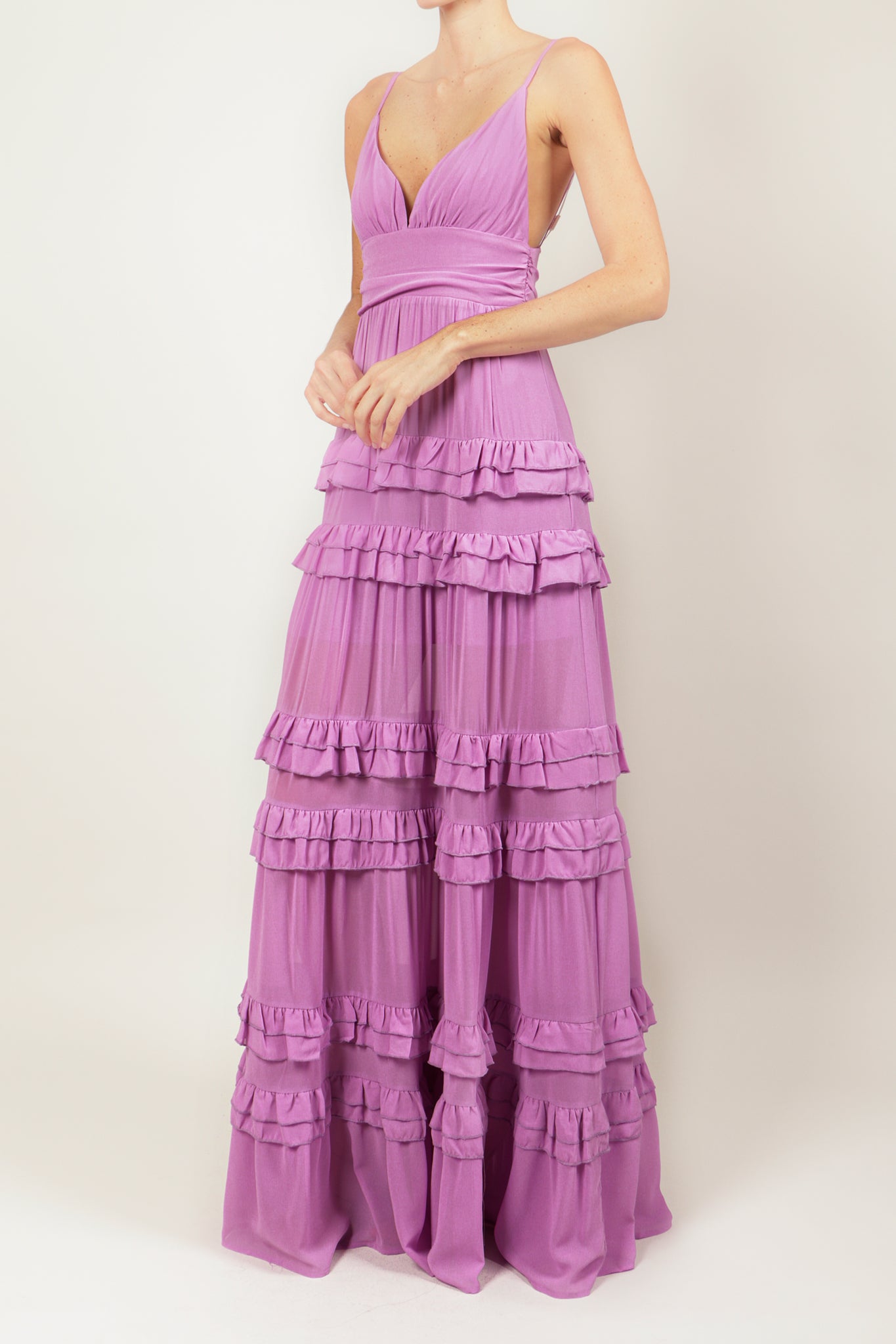 Vestido v largo olanes lila