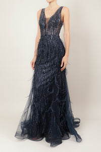 Vestido v transparencias bordado plumas navy