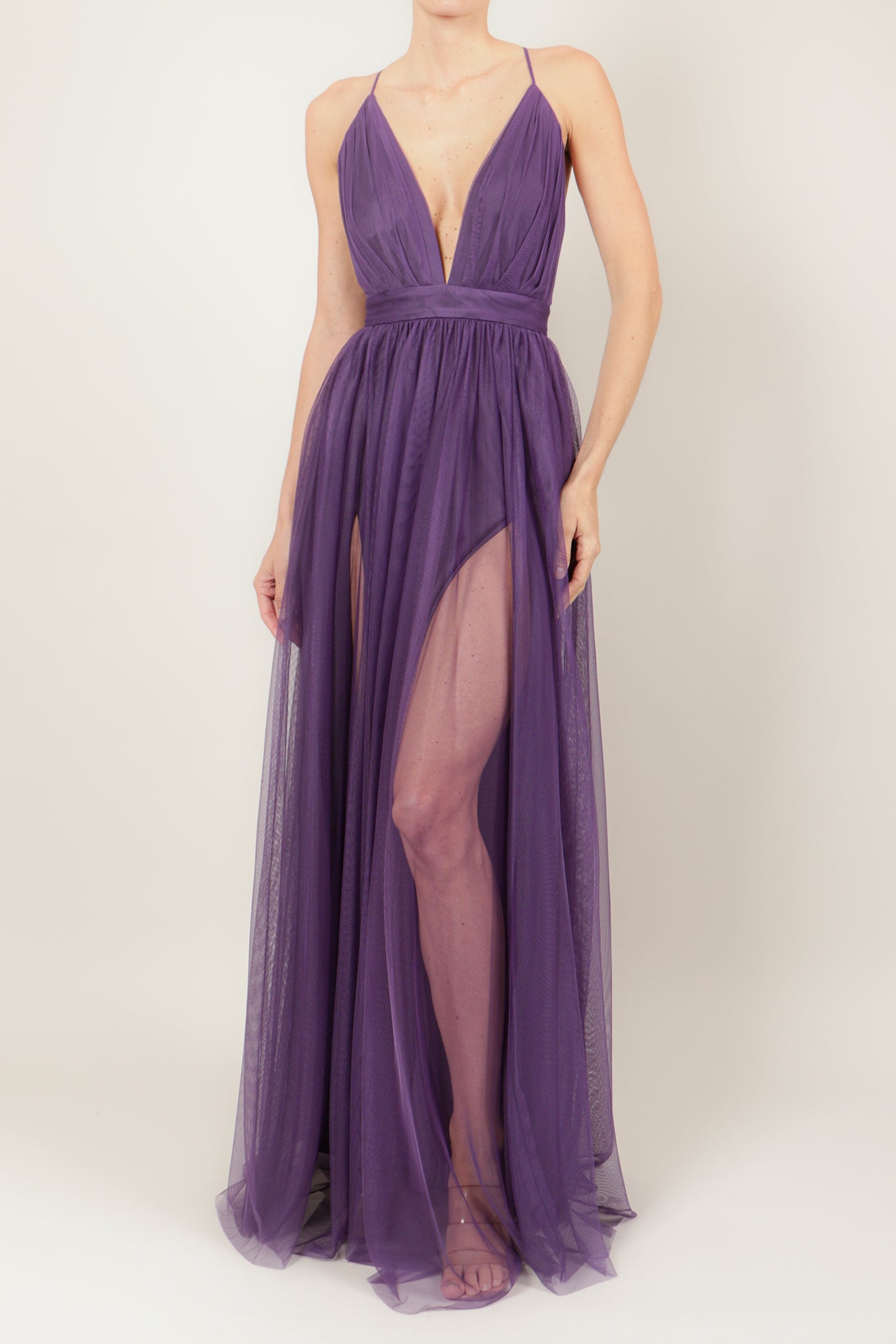 Vestido maxi tirantes mesh violeta