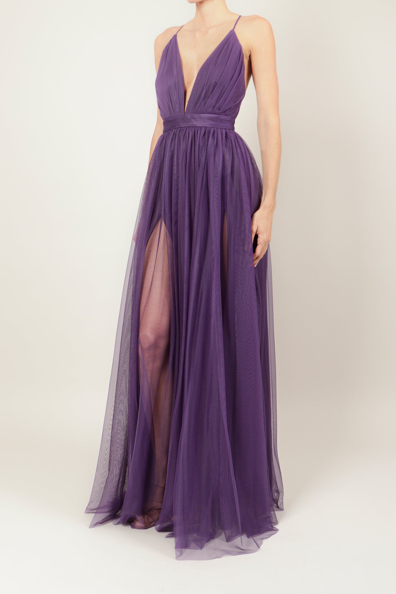 Vestido maxi tirantes mesh violeta