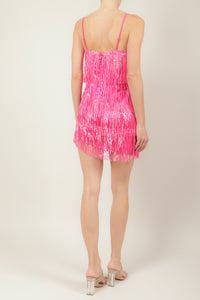 Vestido corto flecos lentejuela fucsia