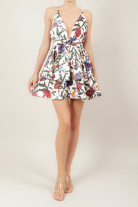 Vestido print corto v olanes crema multi