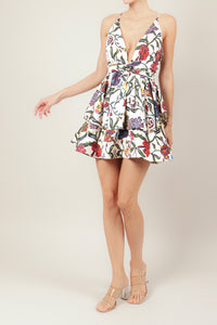 Vestido print corto v olanes crema multi