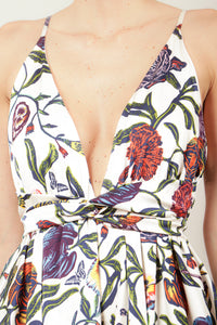 Vestido print corto v olanes crema multi