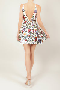 Vestido print corto v olanes crema multi