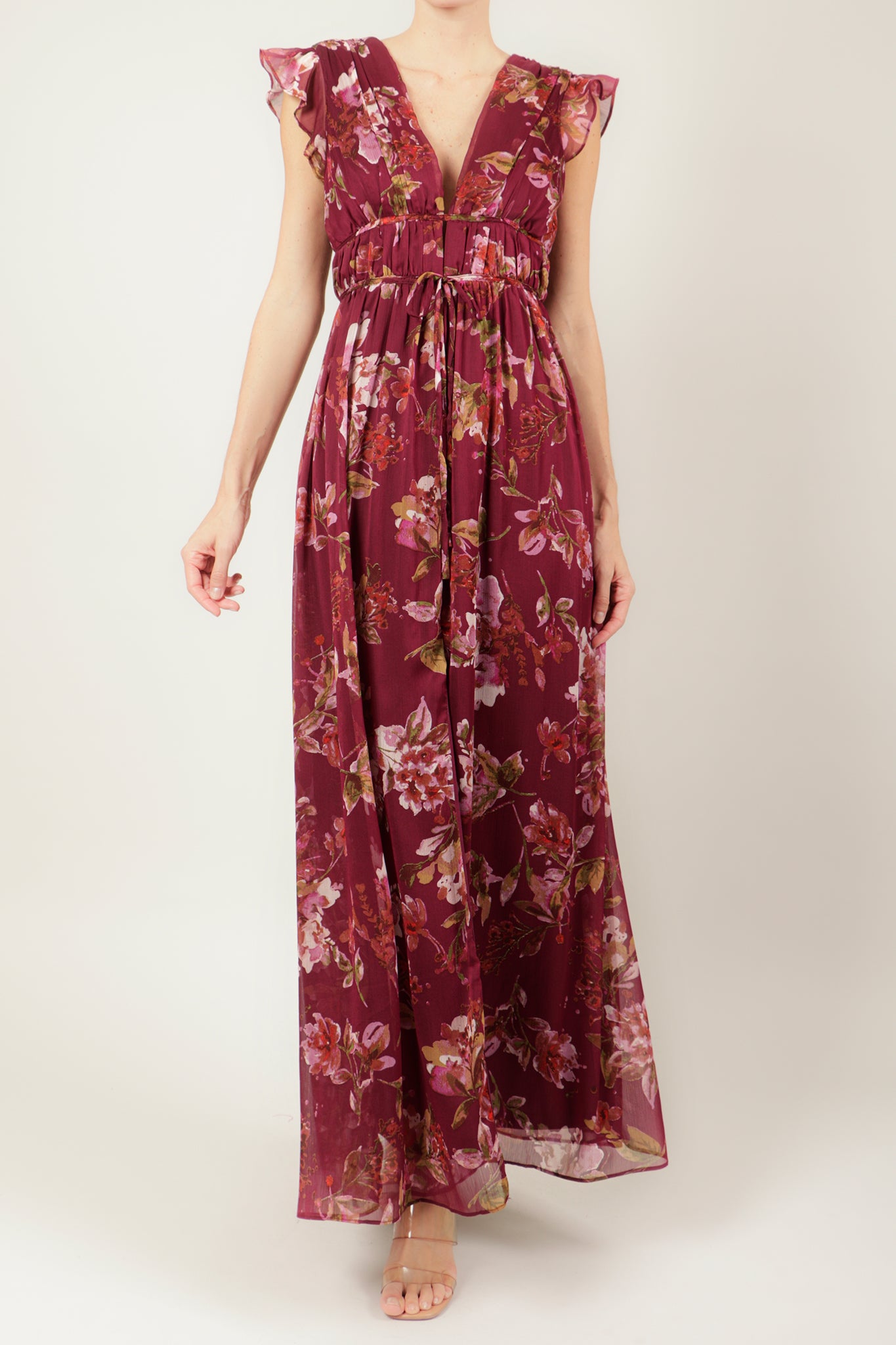 Vestido v multi manga corta burgundy