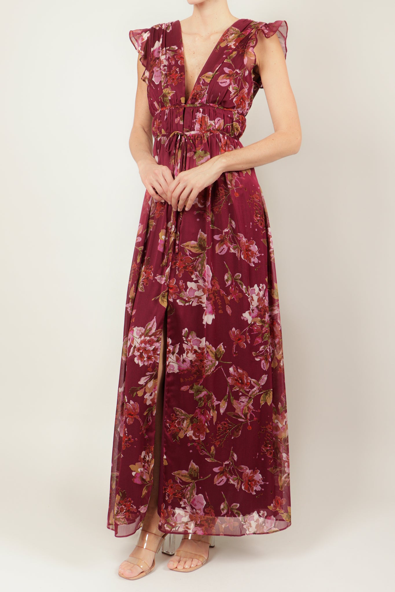 Vestido v multi manga corta burgundy