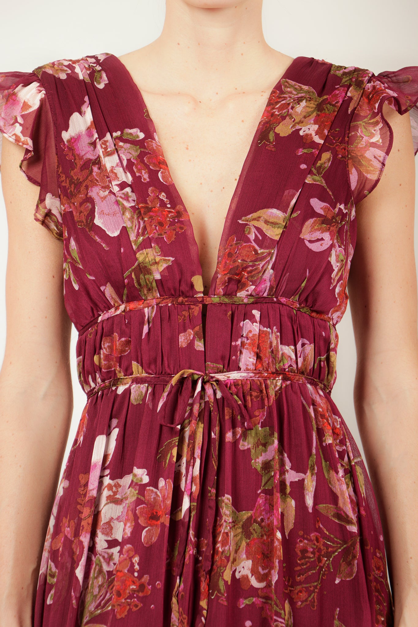 Vestido v multi manga corta burgundy