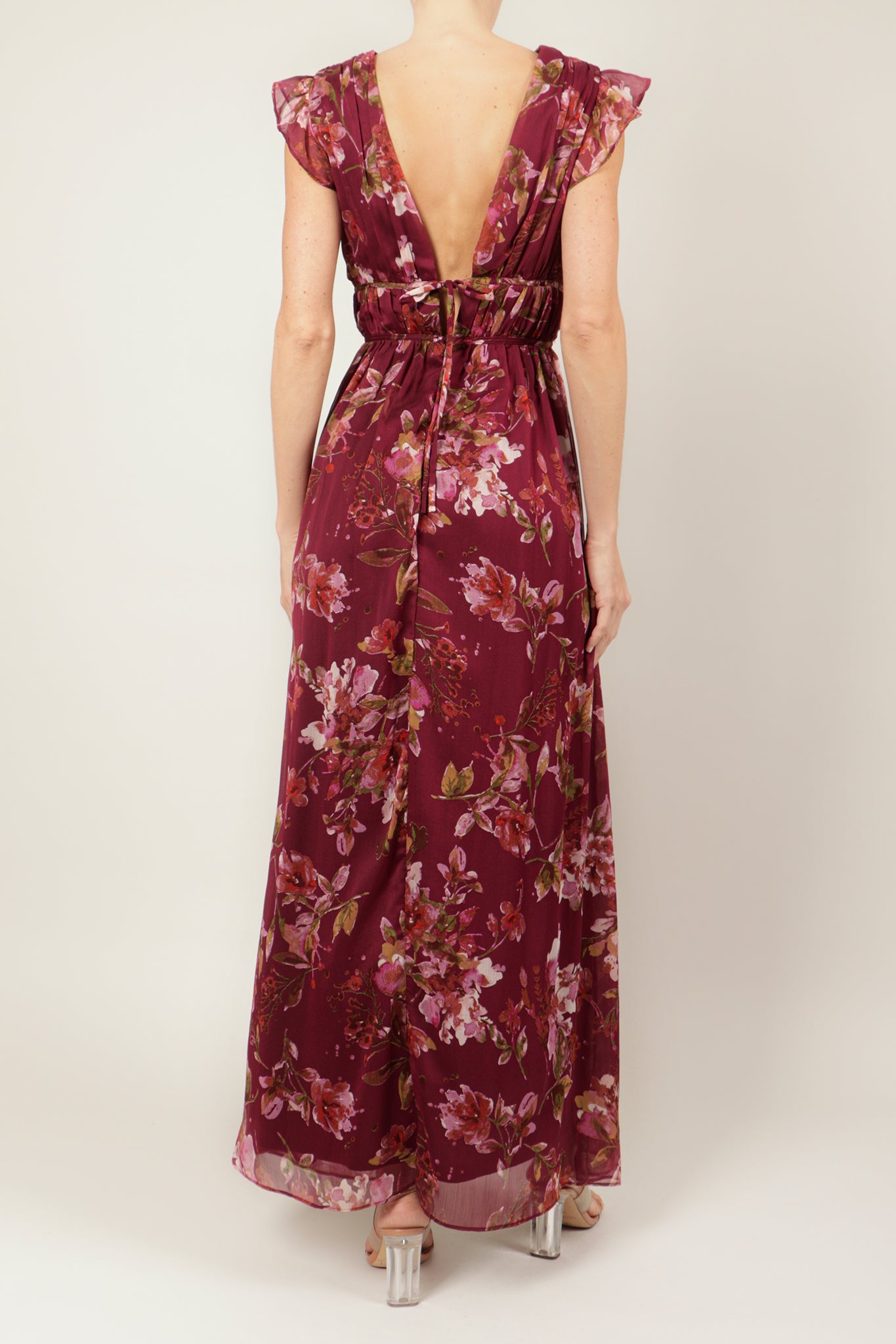 Vestido v multi manga corta burgundy