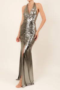 Vestido licra halter metalico plata