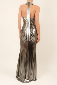 Vestido licra halter metalico plata