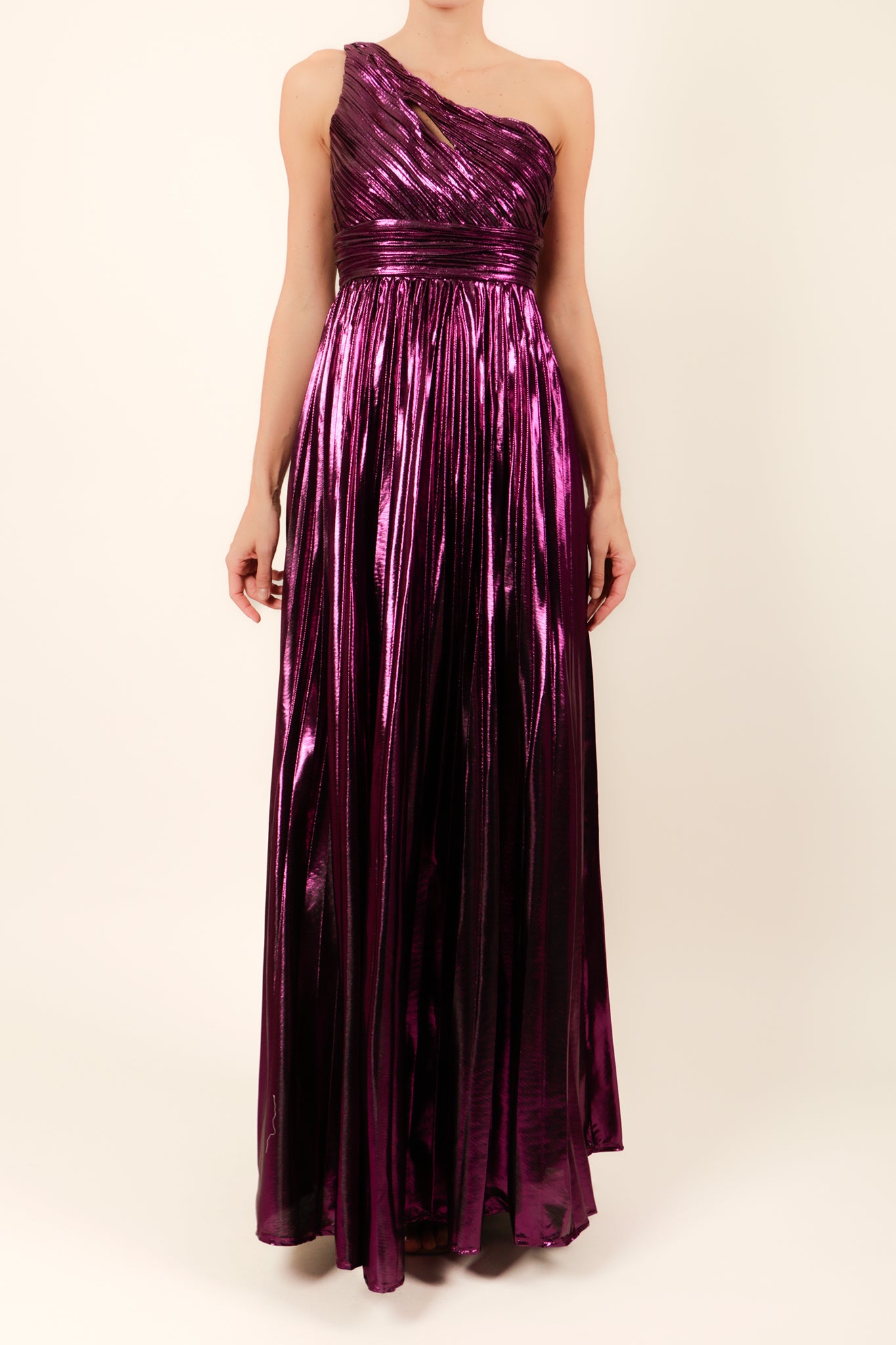 Vestido un hombro plisado metálico morado