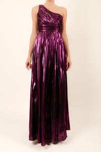 Vestido un hombro plisado metálico morado