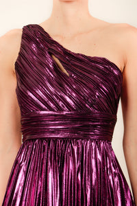 Vestido un hombro plisado metálico morado