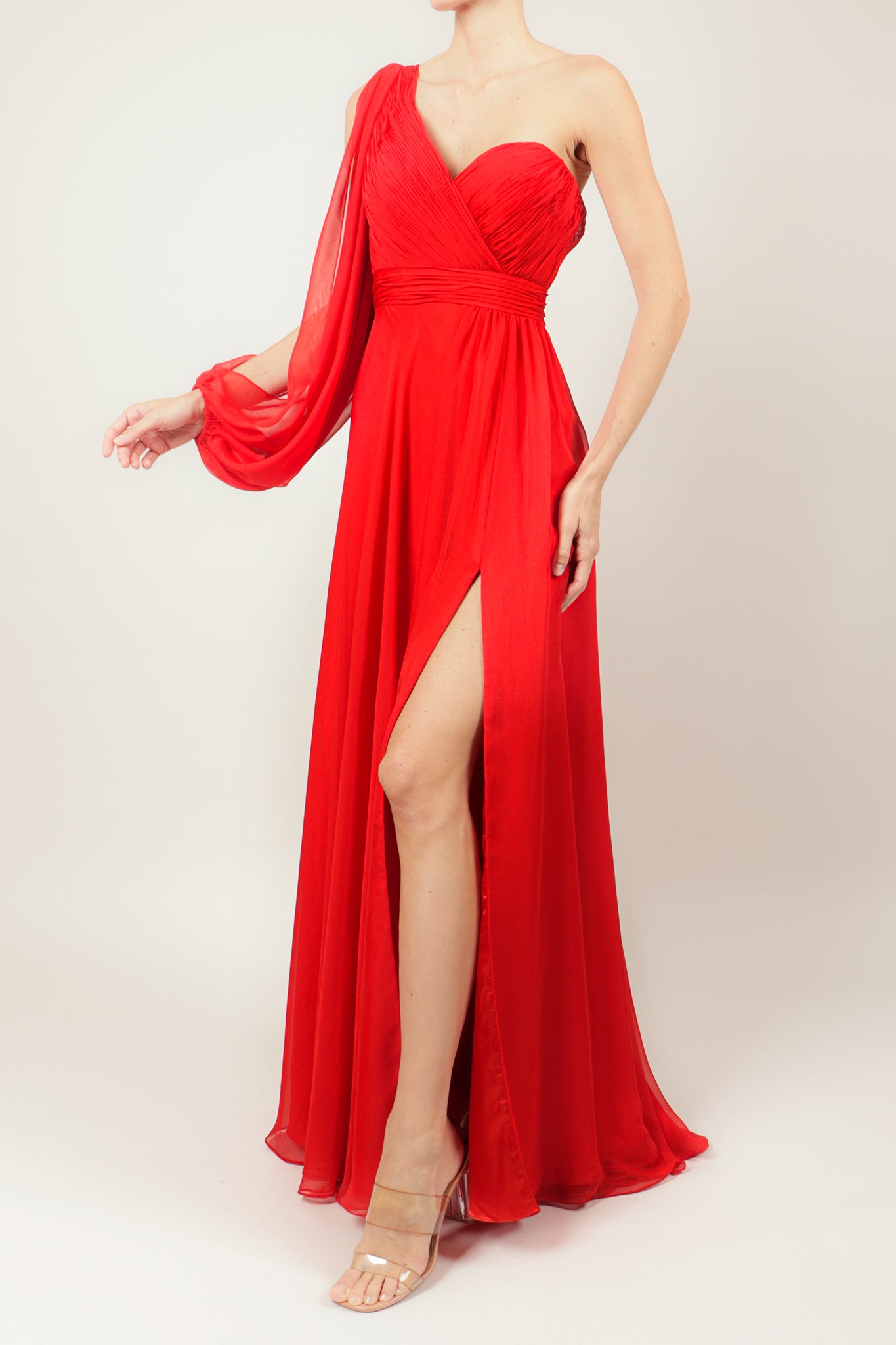 Vestido chifon una manga drapeado rojo