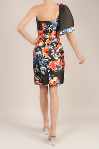 Vestido print corto negro moño en hombro flores multi