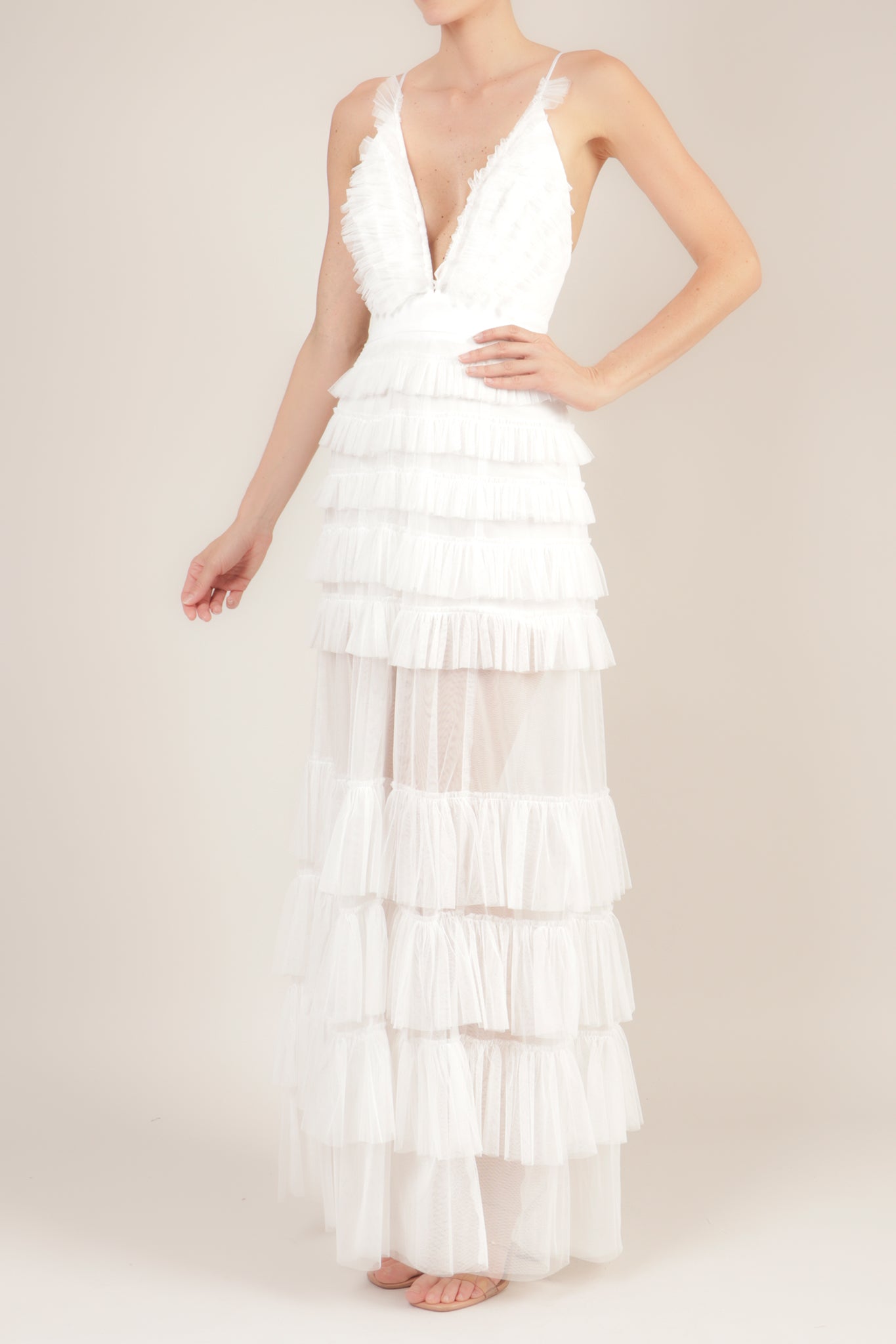 Vestido maxi tirantes olanes mesh blanco