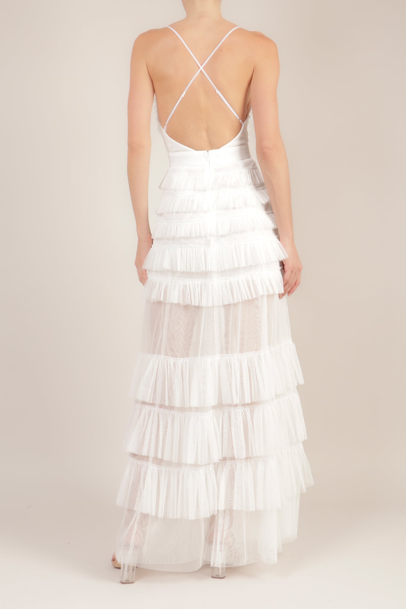 Vestido maxi tirantes olanes mesh blanco