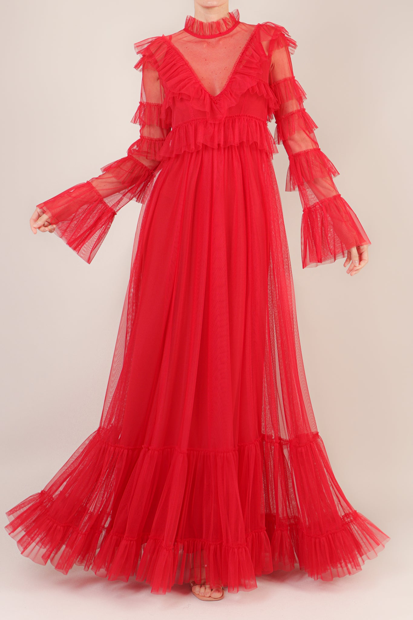 Vestido mesh cuello alto manga larga olanes rojo