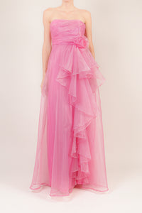 Vestido strapless flor y ruffle rosa