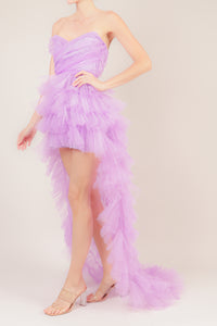 Vestido strapless corto largo capas lavanda
