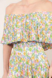 Vestido plisado off the shoulder print indigo