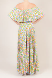 Vestido plisado off the shoulder print indigo