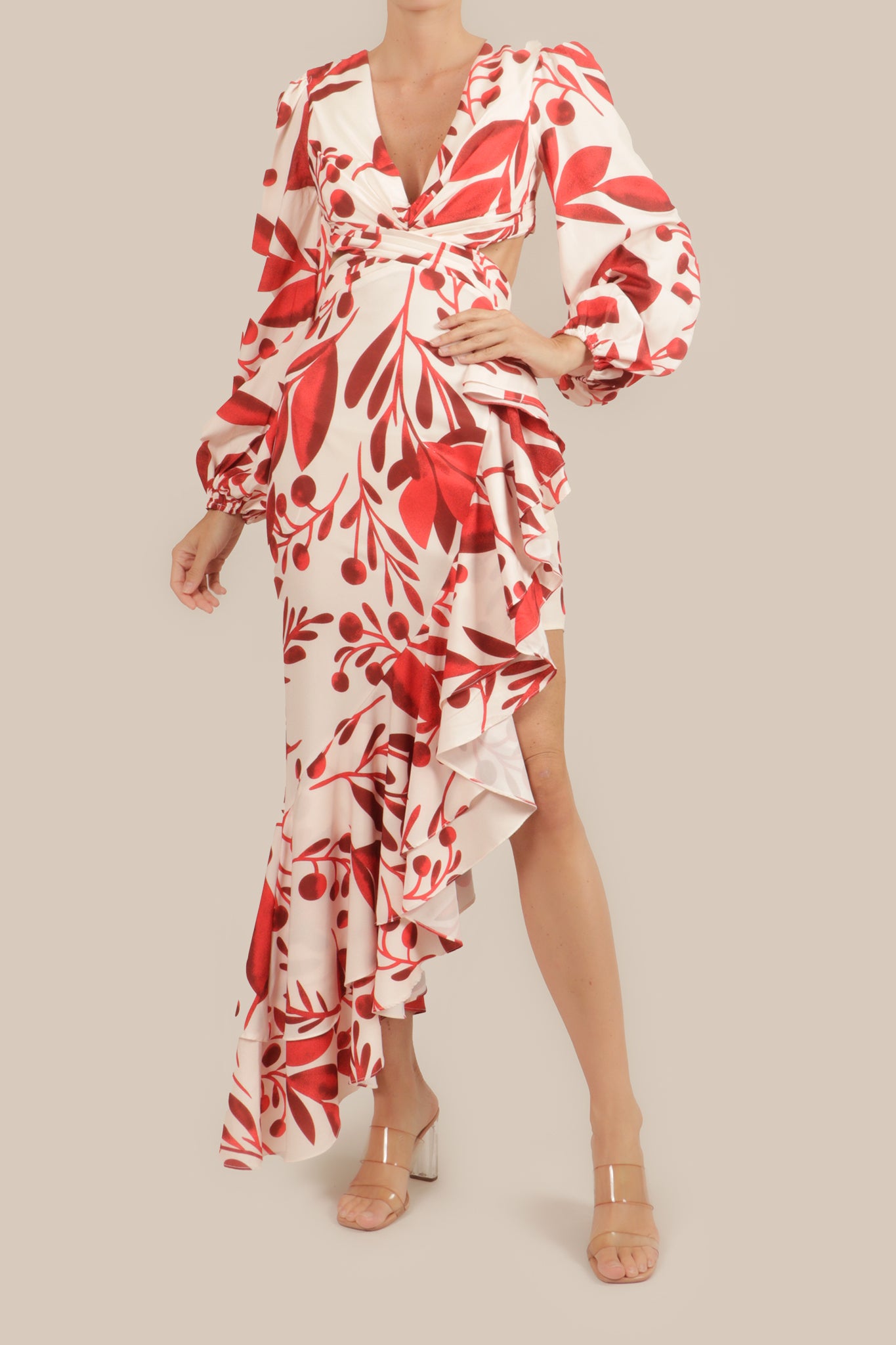 Vestido cut out print asimetrico ivory-red