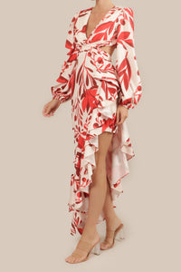 Vestido cut out print asimetrico ivory-red