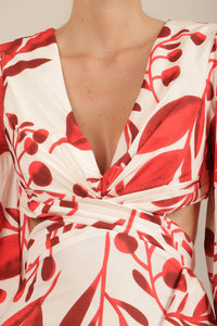 Vestido cut out print asimetrico ivory-red