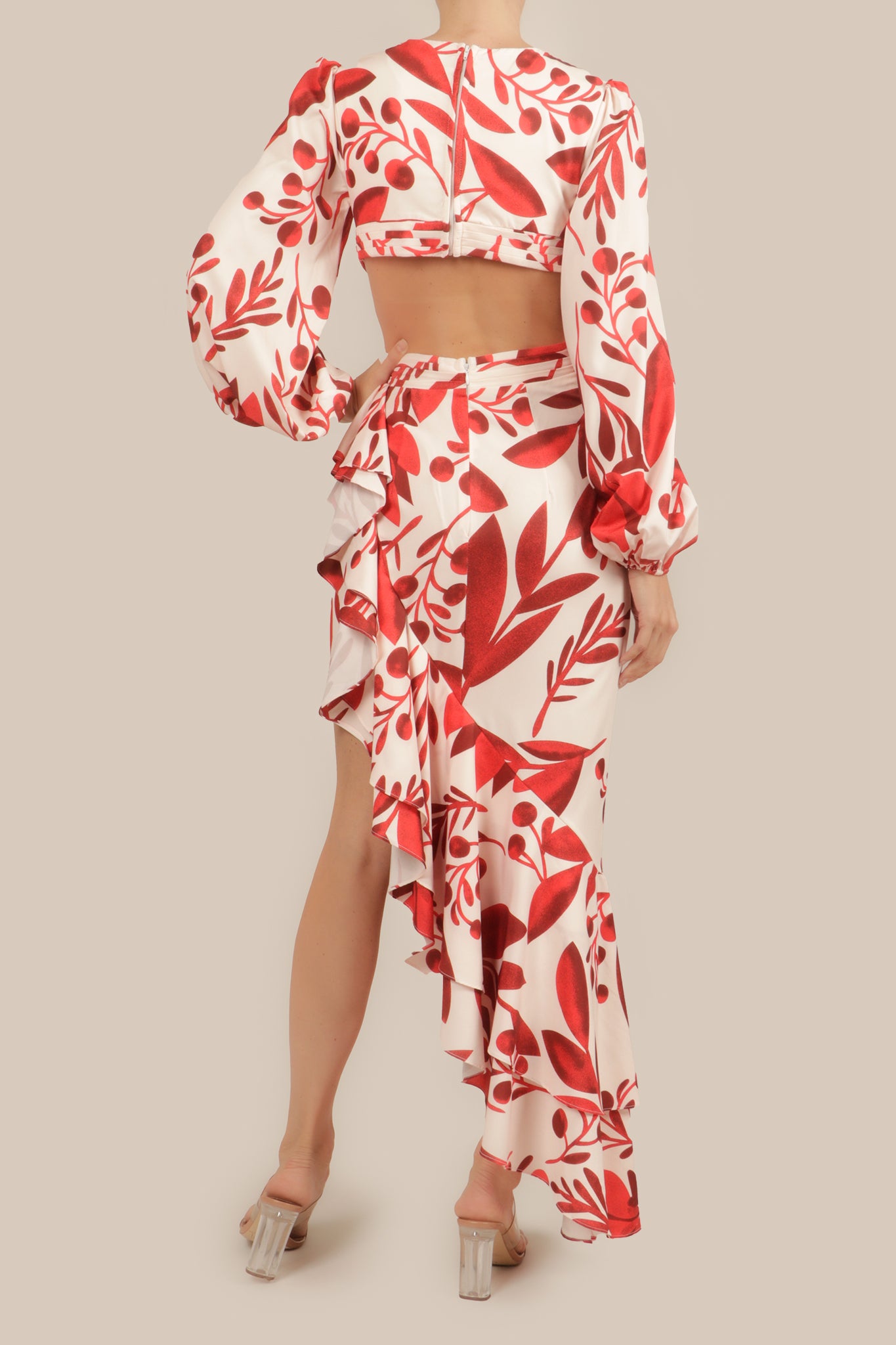 Vestido cut out print asimetrico ivory-red