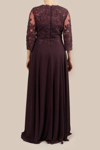 Vestido v bordado manga larga chifon uva