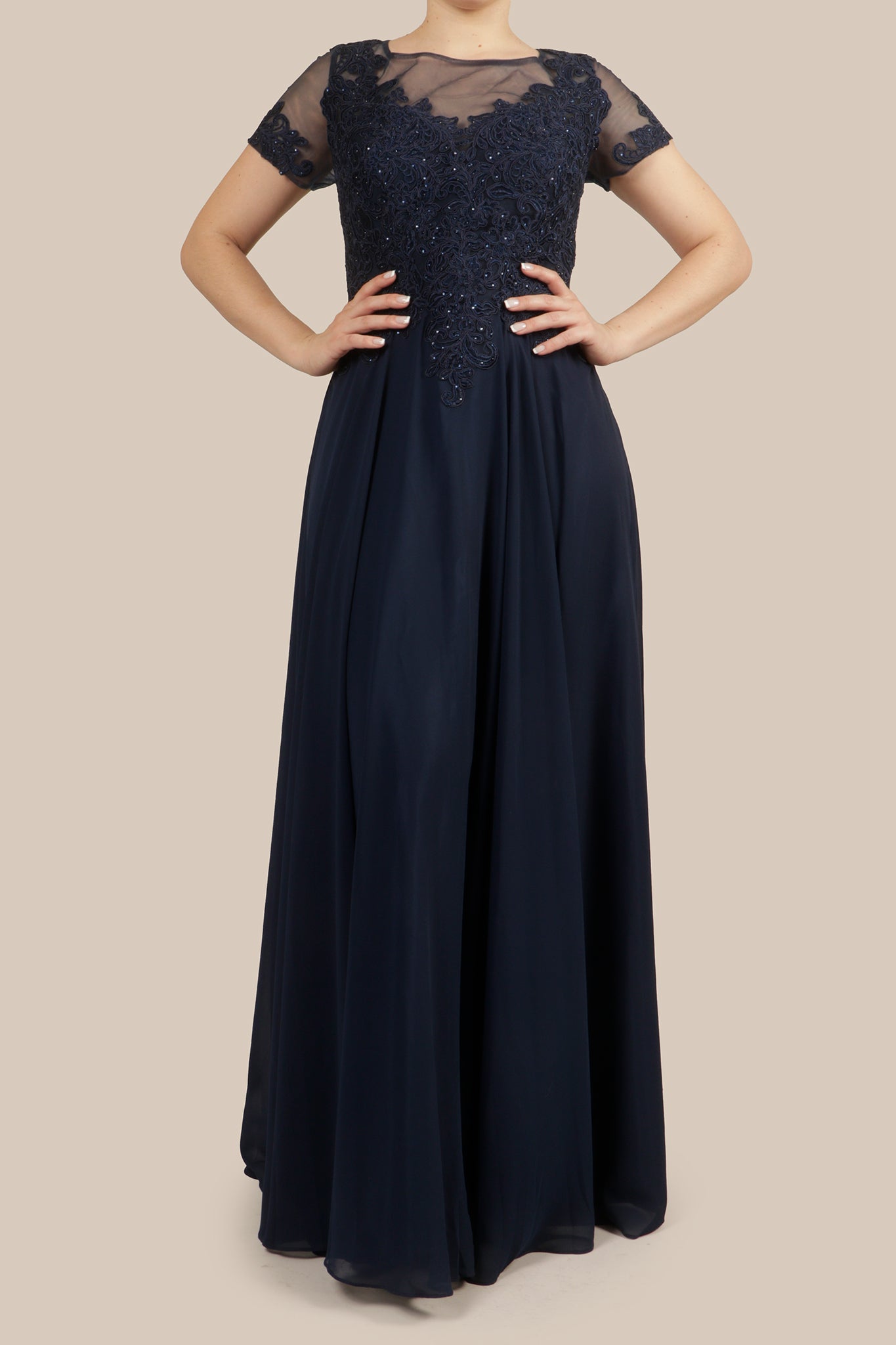 Vestido encaje bordado manga corta navy