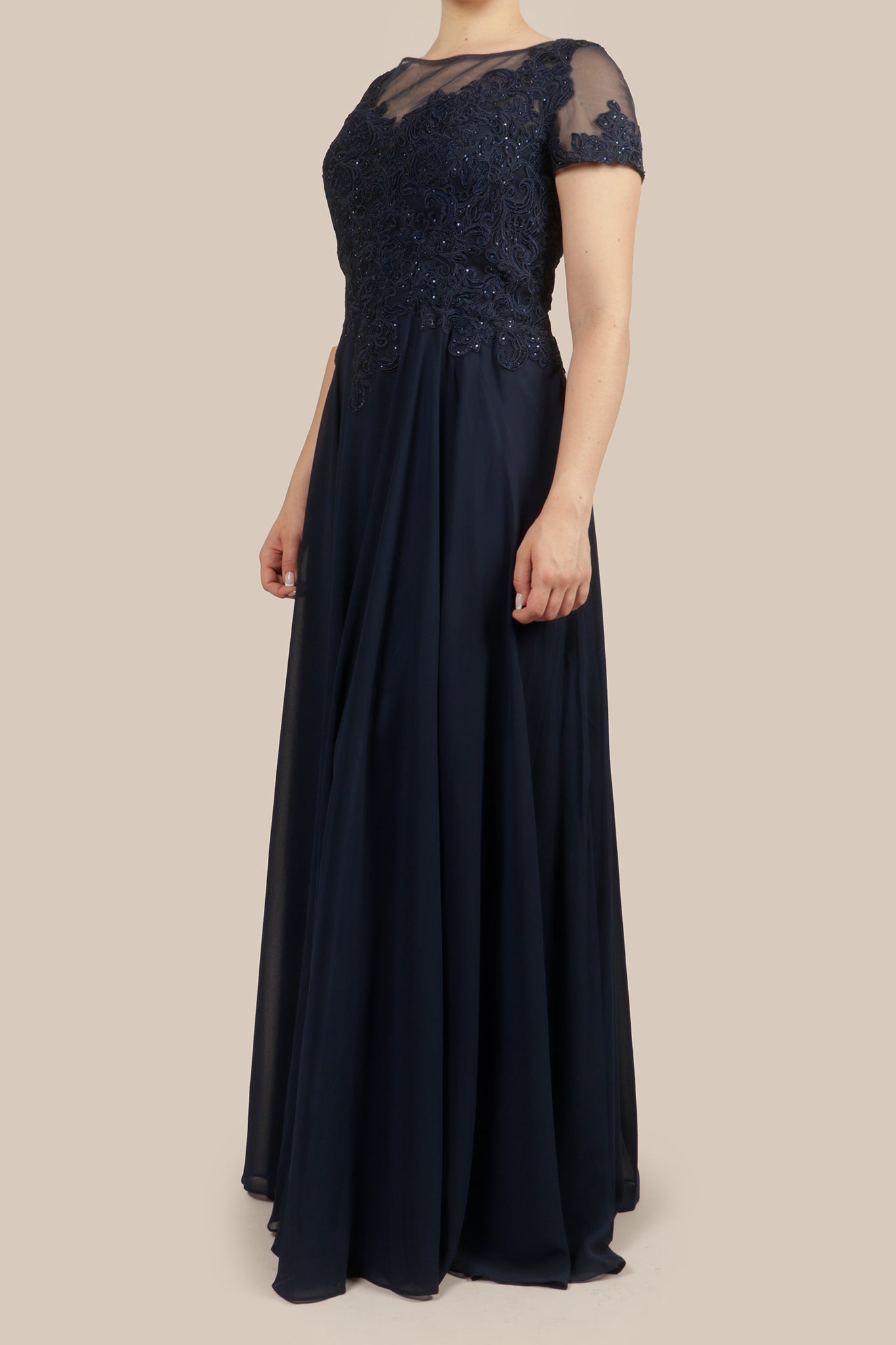 Vestido encaje bordado manga corta navy