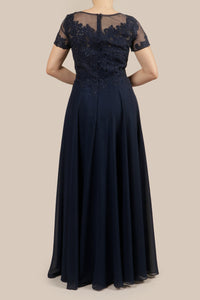 Vestido encaje bordado manga corta navy
