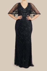 Vestido v bordado manga capa navy