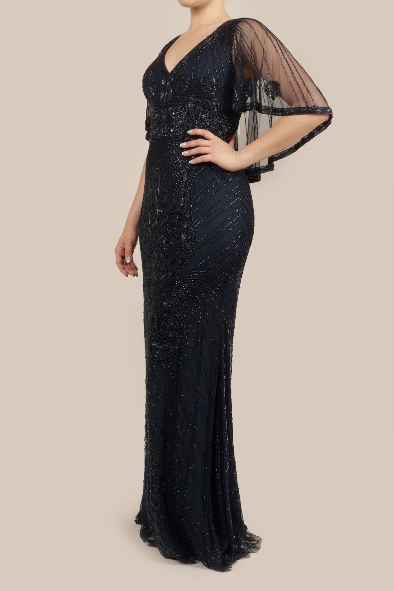 Vestido v bordado manga capa navy